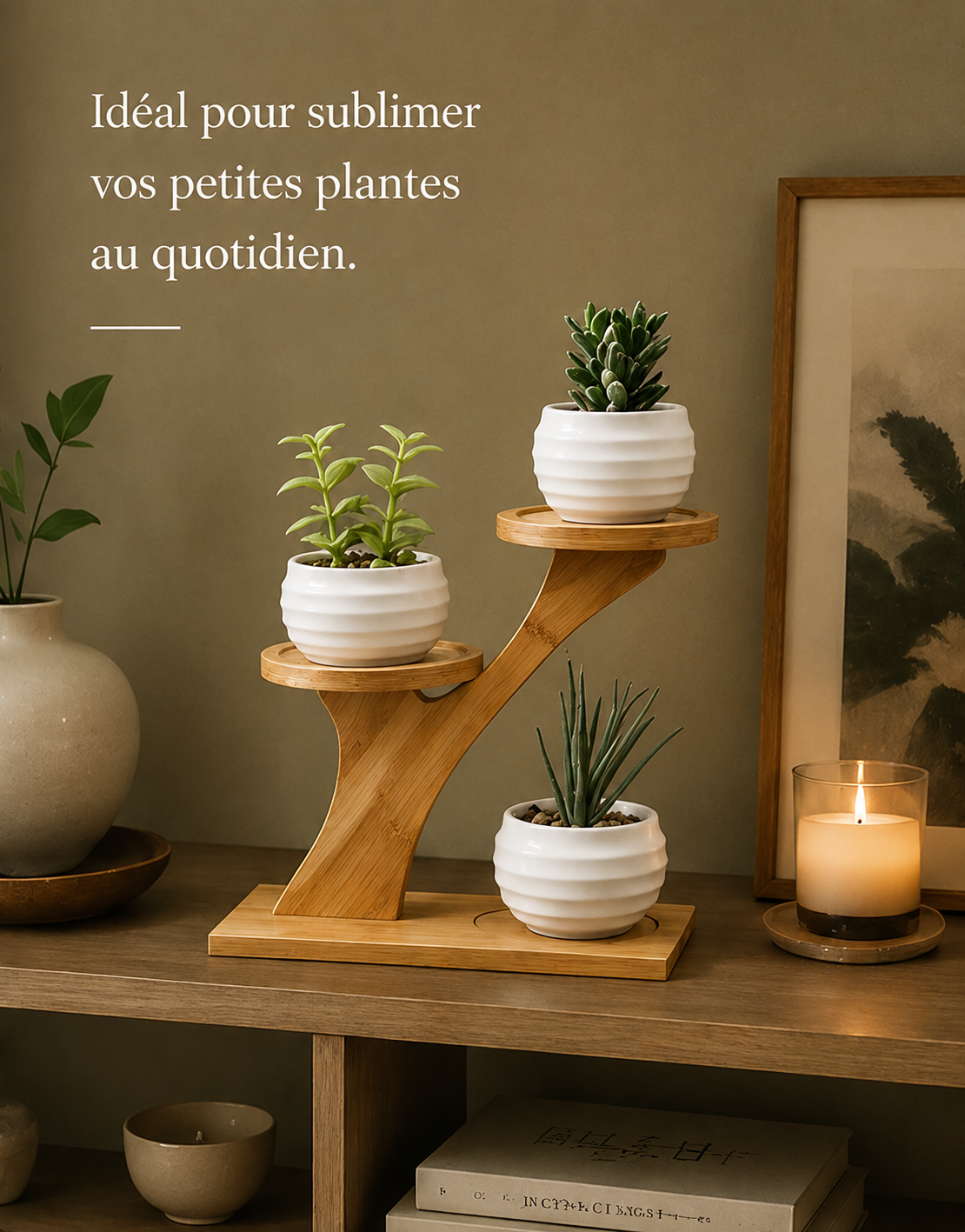 Présentoir à plantes en bambou avec trois pots décoratifs, idéal pour mettre en valeur des plantes grasses dans une décoration zen et minimaliste.