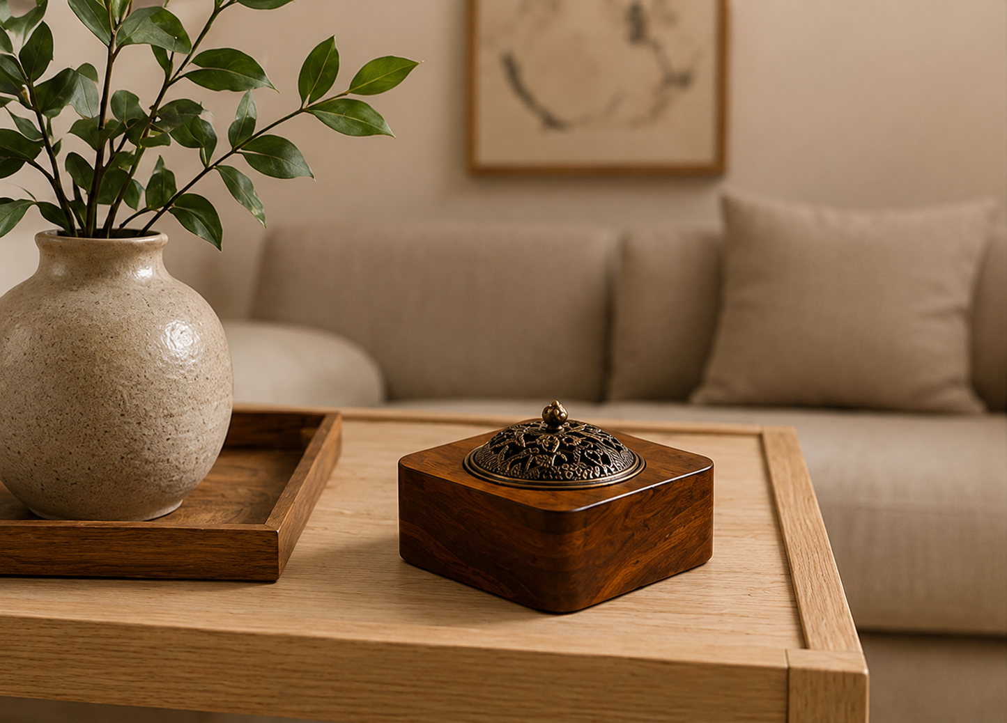 Brûleur d'encens Kazen Mavoryu en bois massif sur une table basse dans un salon zen minimaliste