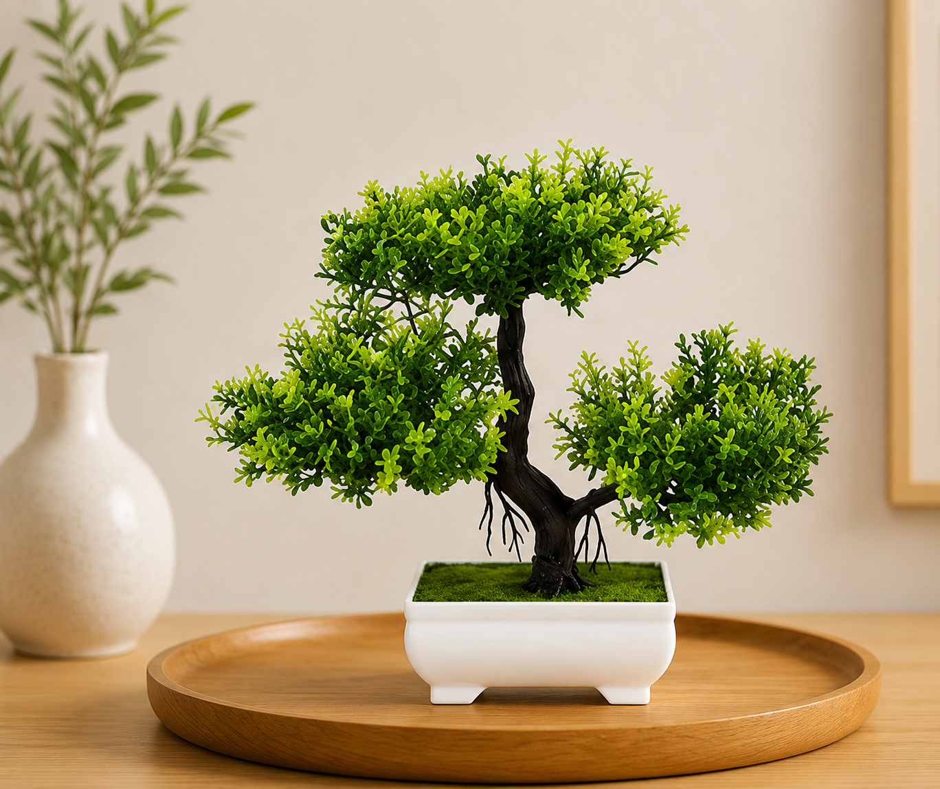 Bonsaï artificiel Akira présenté sur un plateau en bois dans un intérieur zen et minimaliste