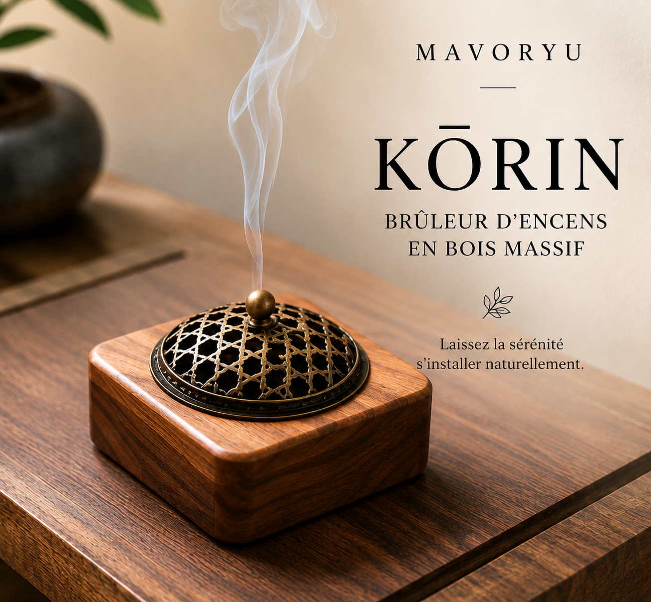 Brûleur d'encens Kōrin Mavoryu en bois massif avec couvercle en métal ajouré et fumée d'encens relaxante