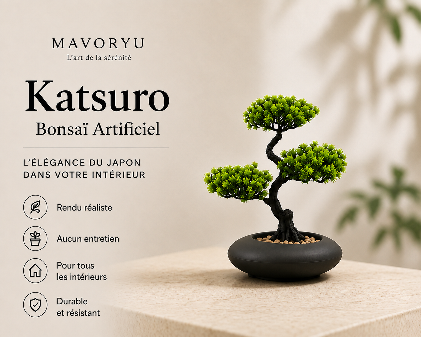 Bonsaï artificiel Katsuro Mavoryu décoration zen Japandi sans entretien avec feuillage réaliste