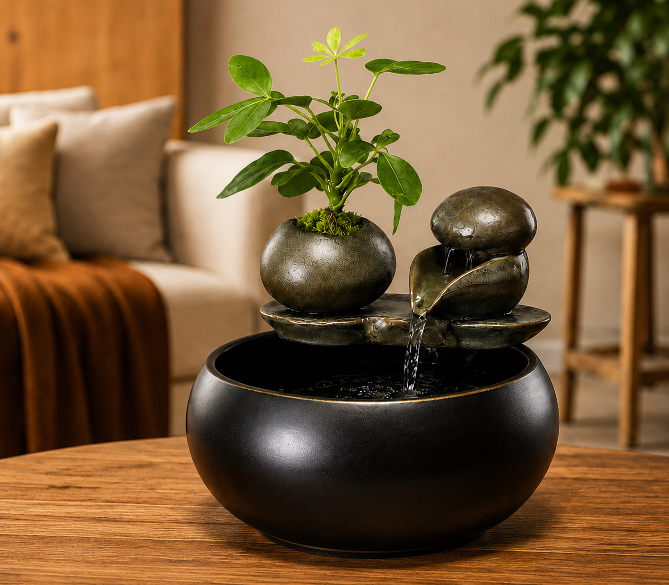 Fontaine zen d'intérieur Mizumi en céramique noire dans une décoration Japandi.