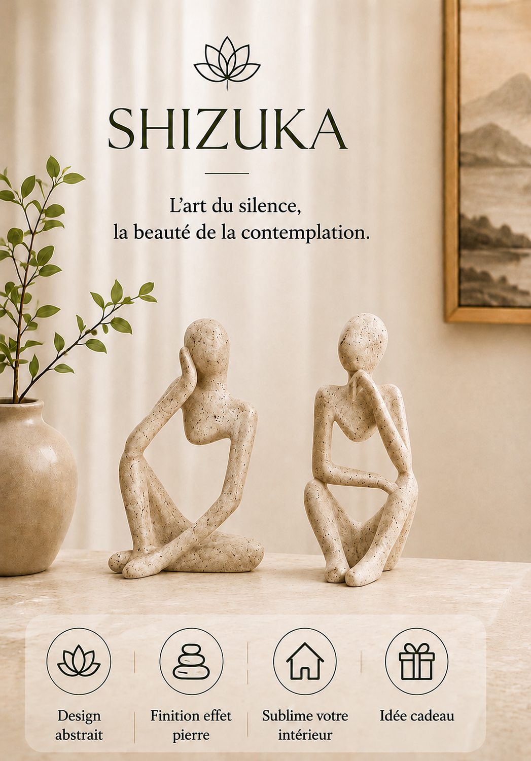 Lot de 2 statuettes Shizuka en résine sable – 12,5 cm