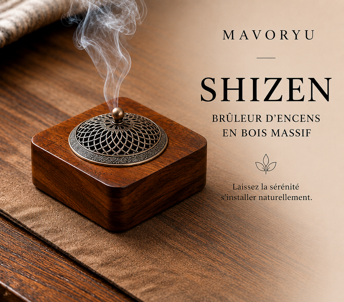 Brûleur d'encens Shizen Mavoryu en bois massif avec grille en métal décorative et fumée apaisante