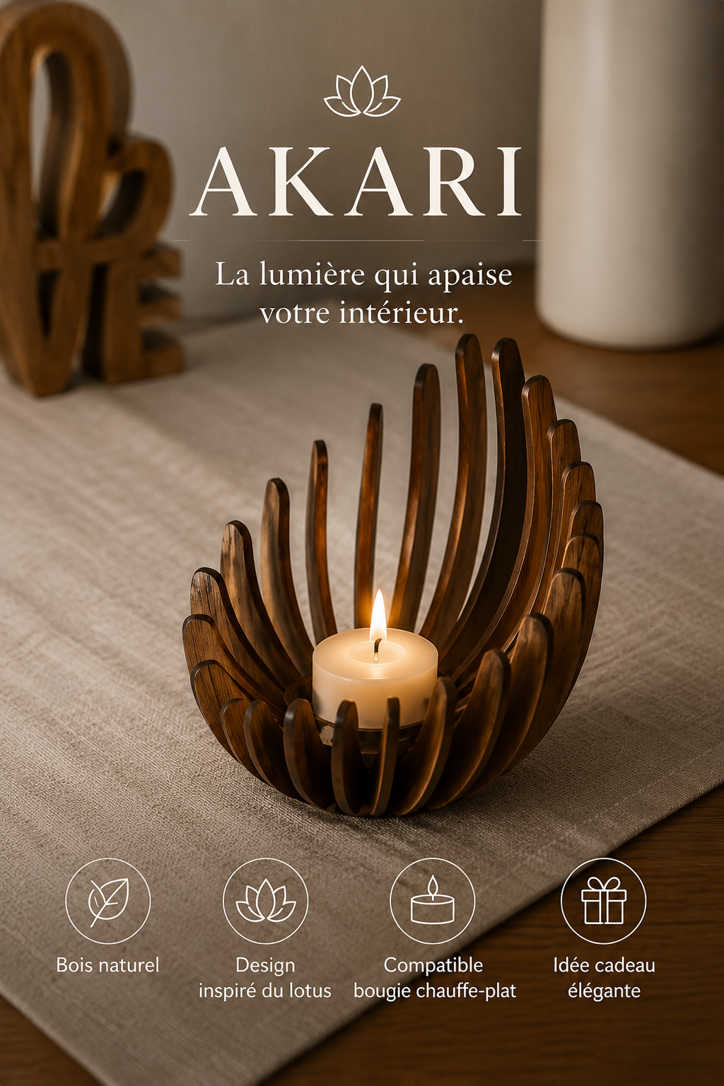 Photophore Akari Mavoryu en bois naturel inspiré de la fleur de lotus pour bougie chauffe-plat et décoration zen