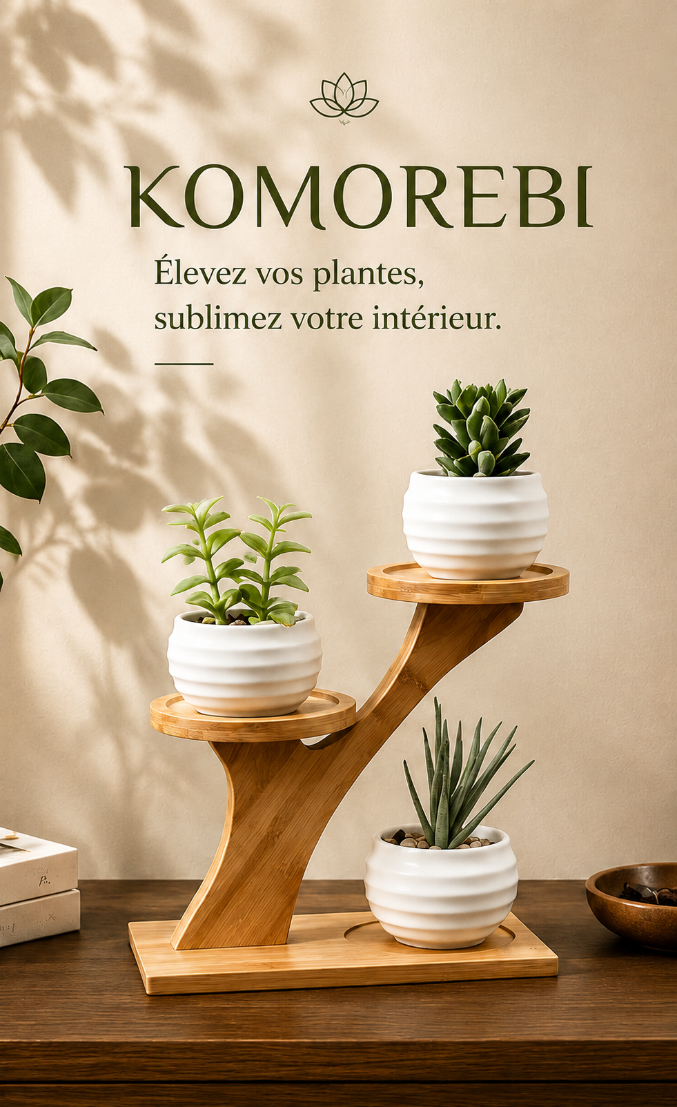 Support à plantes Komorebi en bambou avec trois mini plantes en pot, présentoir décoratif zen au design naturel pour sublimer votre intérieur.