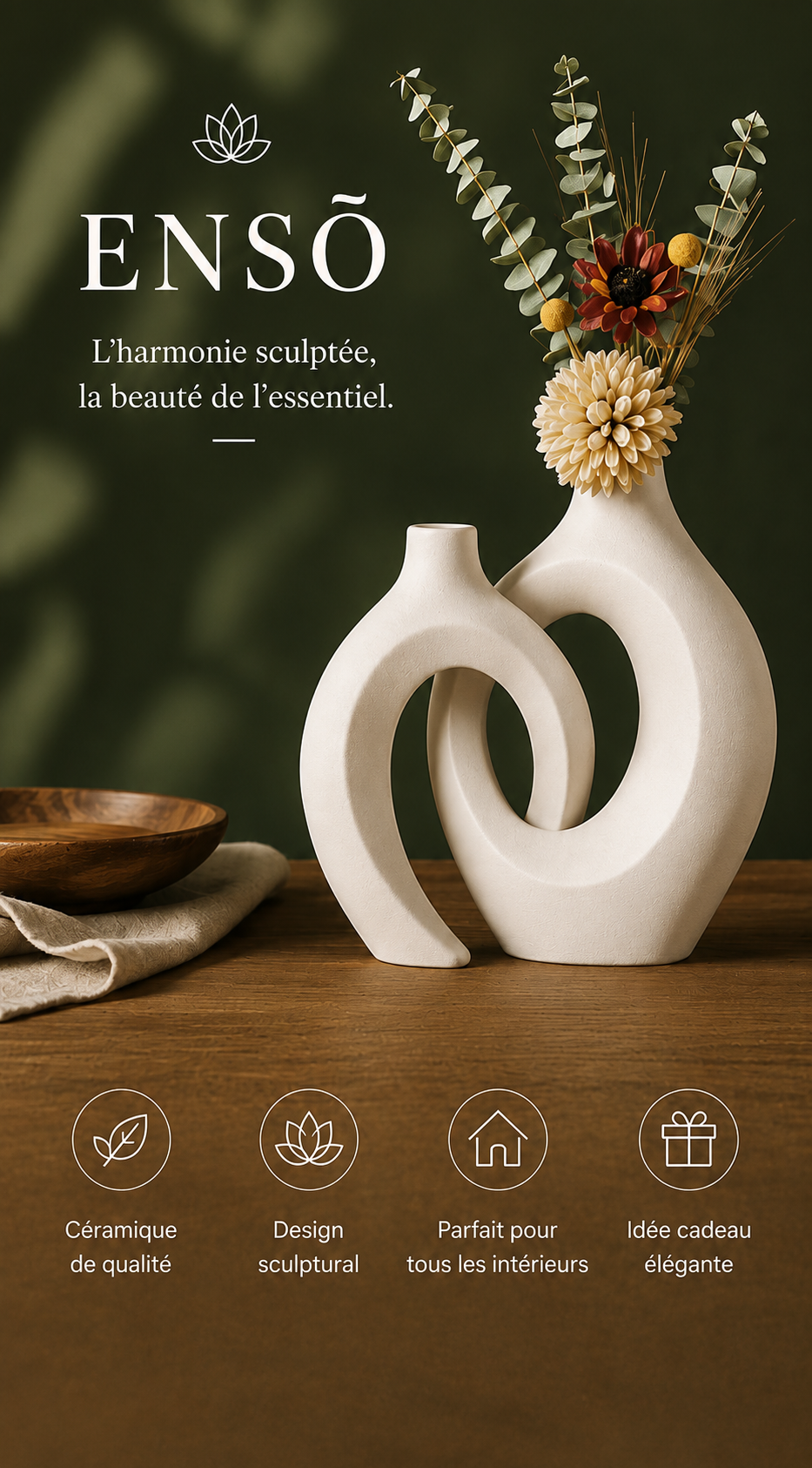 Vase décoratif Ensō en céramique beige au design sculptural avec fleurs séchées pour une décoration zen et minimaliste.