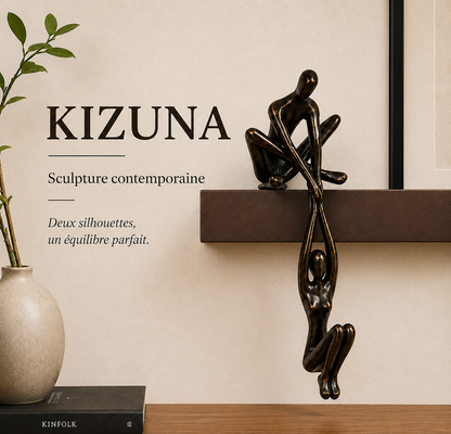 Sculpture contemporaine Kizuna en résine noir brillant représentant deux silhouettes en équilibre, décoration design moderne et minimaliste.