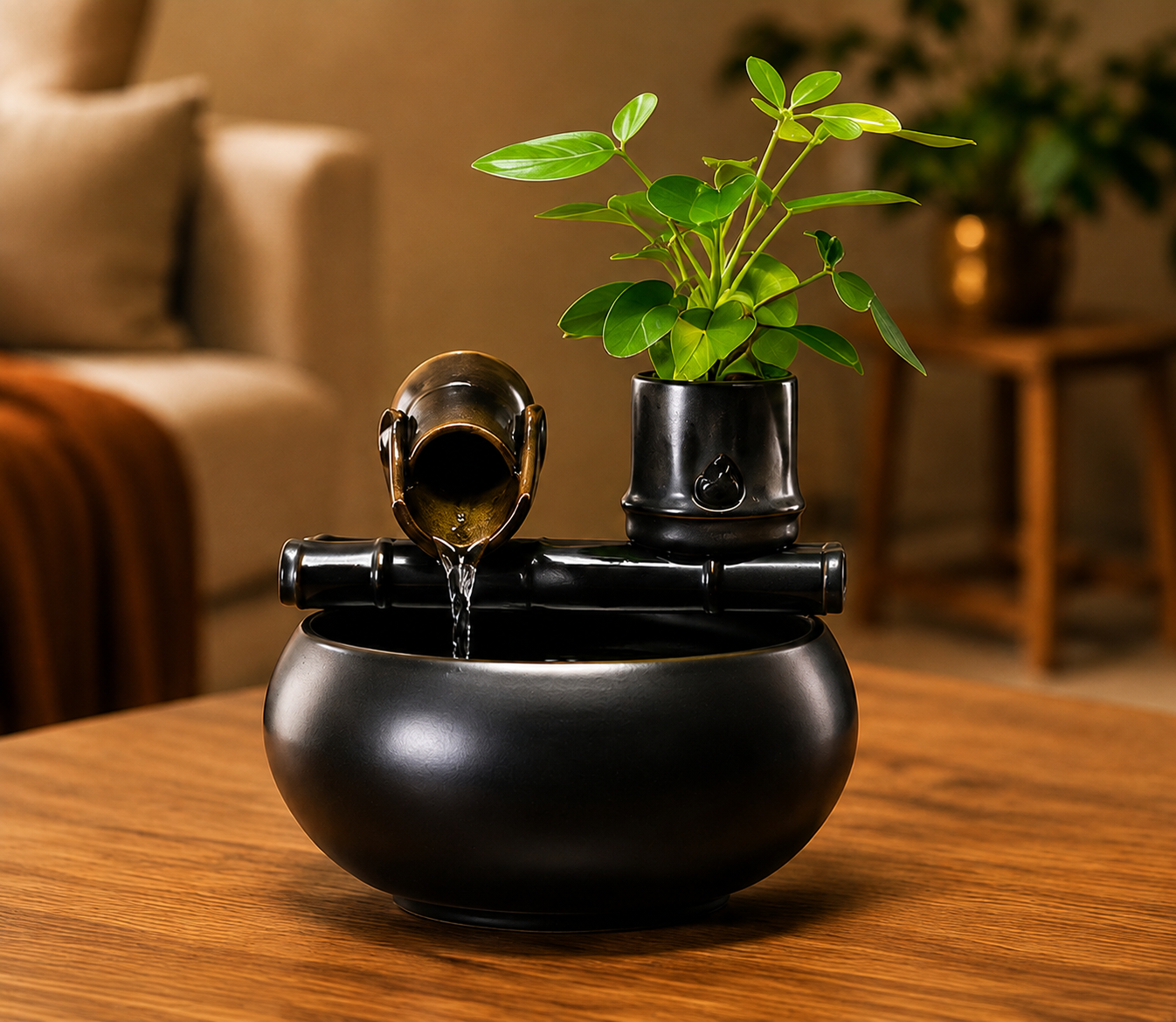 Fontaine zen d'intérieur Shizuku en céramique noire dans une décoration Japandi.