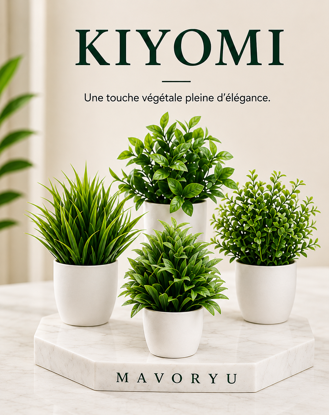 Lot de 4 mini plantes artificielles Kiyomi en pots blancs, décoration végétale élégante pour intérieur.