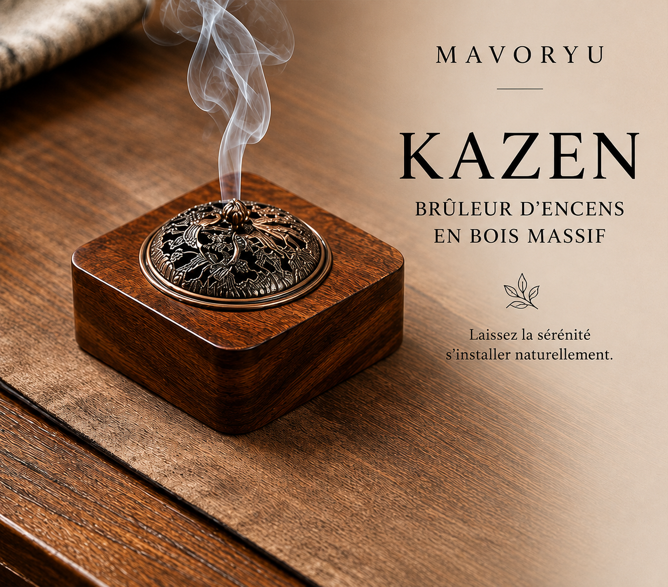 Brûleur d'encens Kazen Mavoryu en bois massif avec couvercle en métal et fumée relaxante d'encens