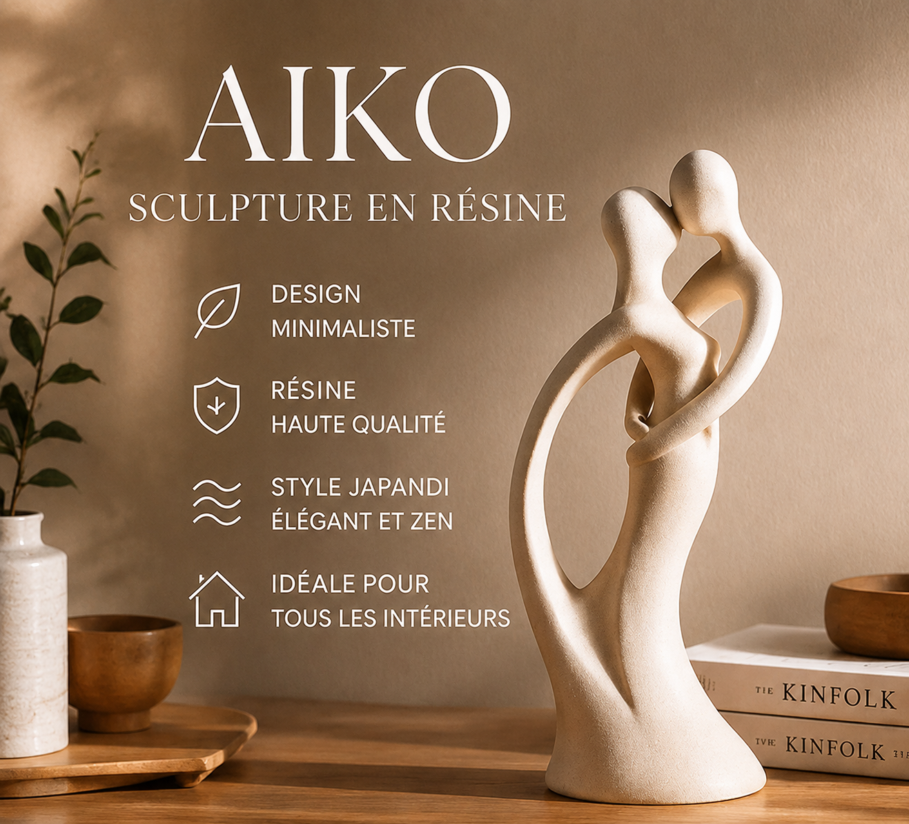 Sculpture décorative Aiko en résine style Japandi pour intérieur zen et minimaliste.