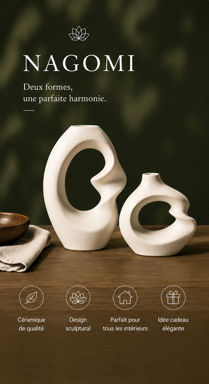 Vases décoratifs Nagomi en céramique blanche au design sculptural pour une décoration zen et minimaliste.