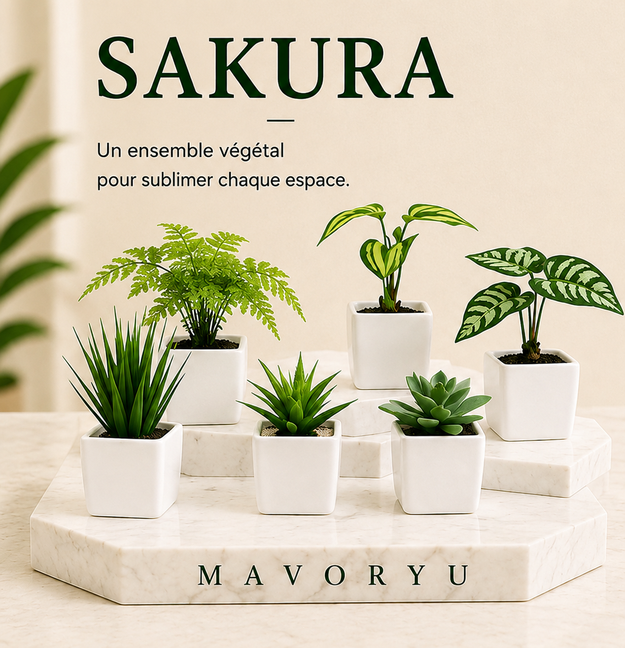 Lot de 6 mini plantes artificielles Sakura en pots blancs, décoration végétale élégante pour sublimer chaque intérieur.