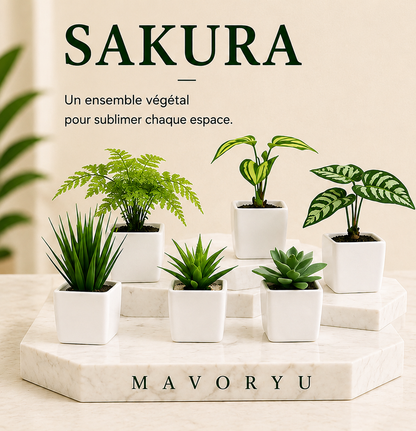 Lot de 6 mini plantes artificielles Sakura en pots blancs, décoration végétale élégante pour sublimer chaque intérieur.