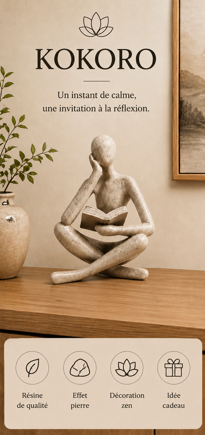 Sculpture abstraite Kokoro en résine effet pierre, statue décorative d'un lecteur pour une décoration zen, contemporaine et élégante.