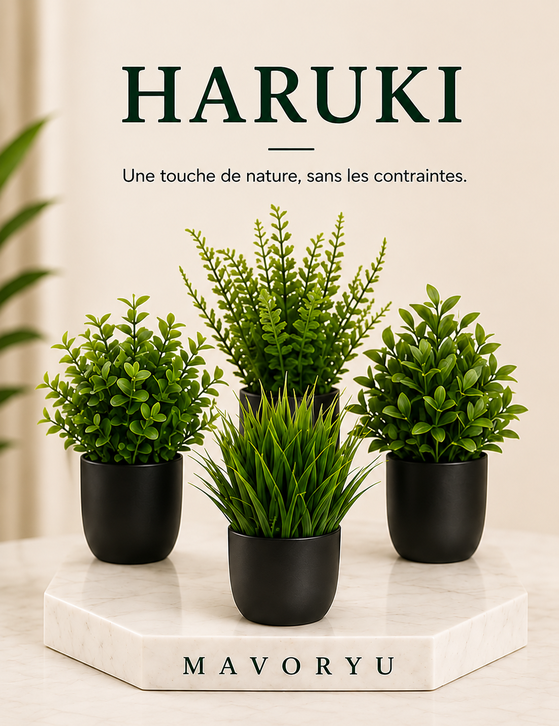 Lot de 4 mini plantes artificielles Haruki en pots noirs, décoration végétale élégante et sans entretien pour intérieur.