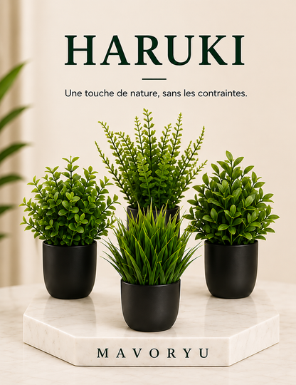 Lot de 4 mini plantes artificielles Haruki en pots noirs, décoration végétale élégante et sans entretien pour intérieur.