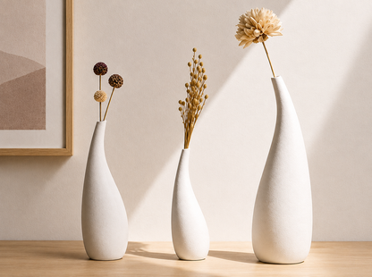 Vases Hikari en céramique blanche avec fleurs séchées dans un intérieur zen et minimaliste.