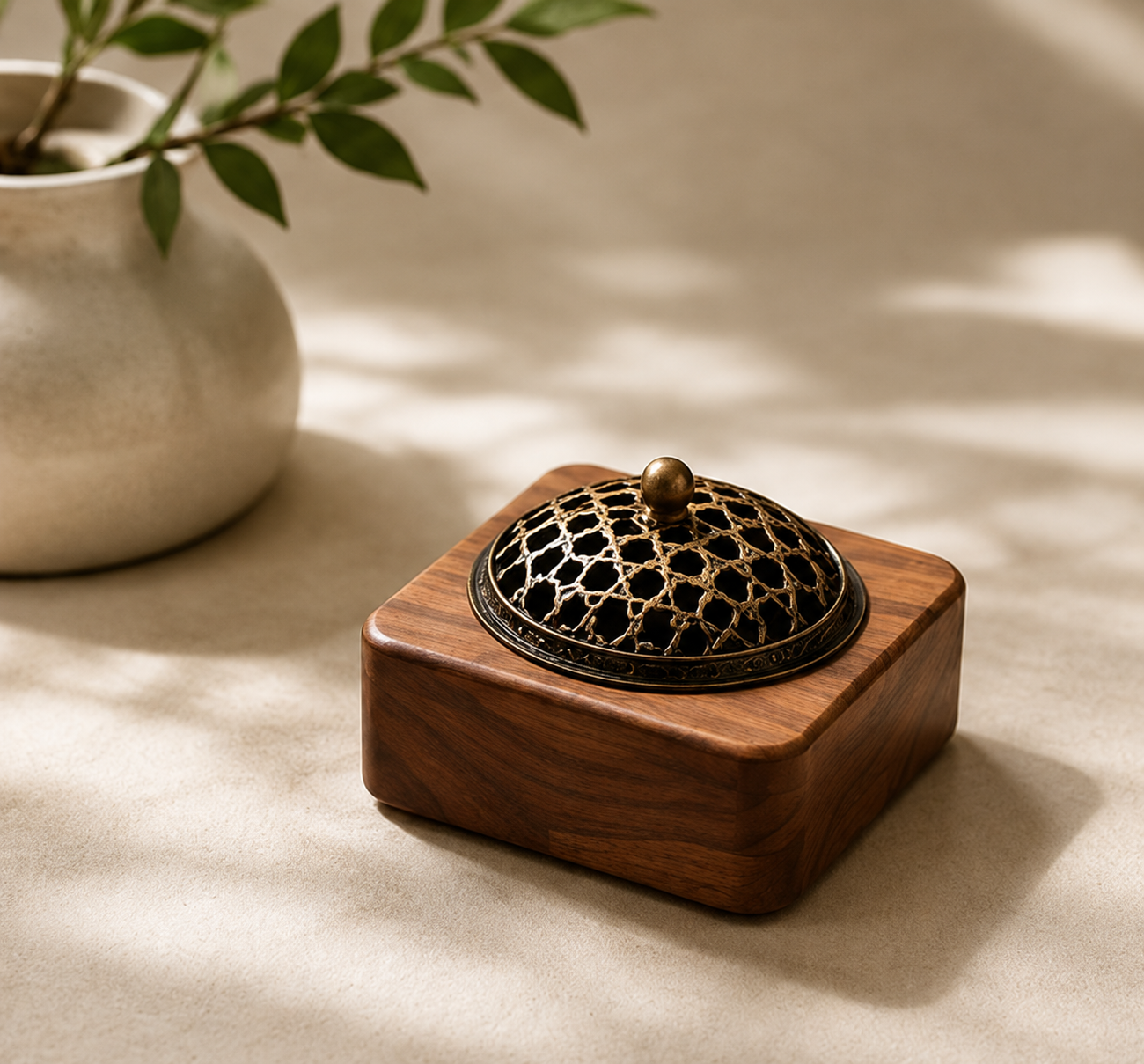 Brûleur d'encens Kōrin Mavoryu en bois massif avec couvercle en métal décoratif dans une ambiance zen minimaliste