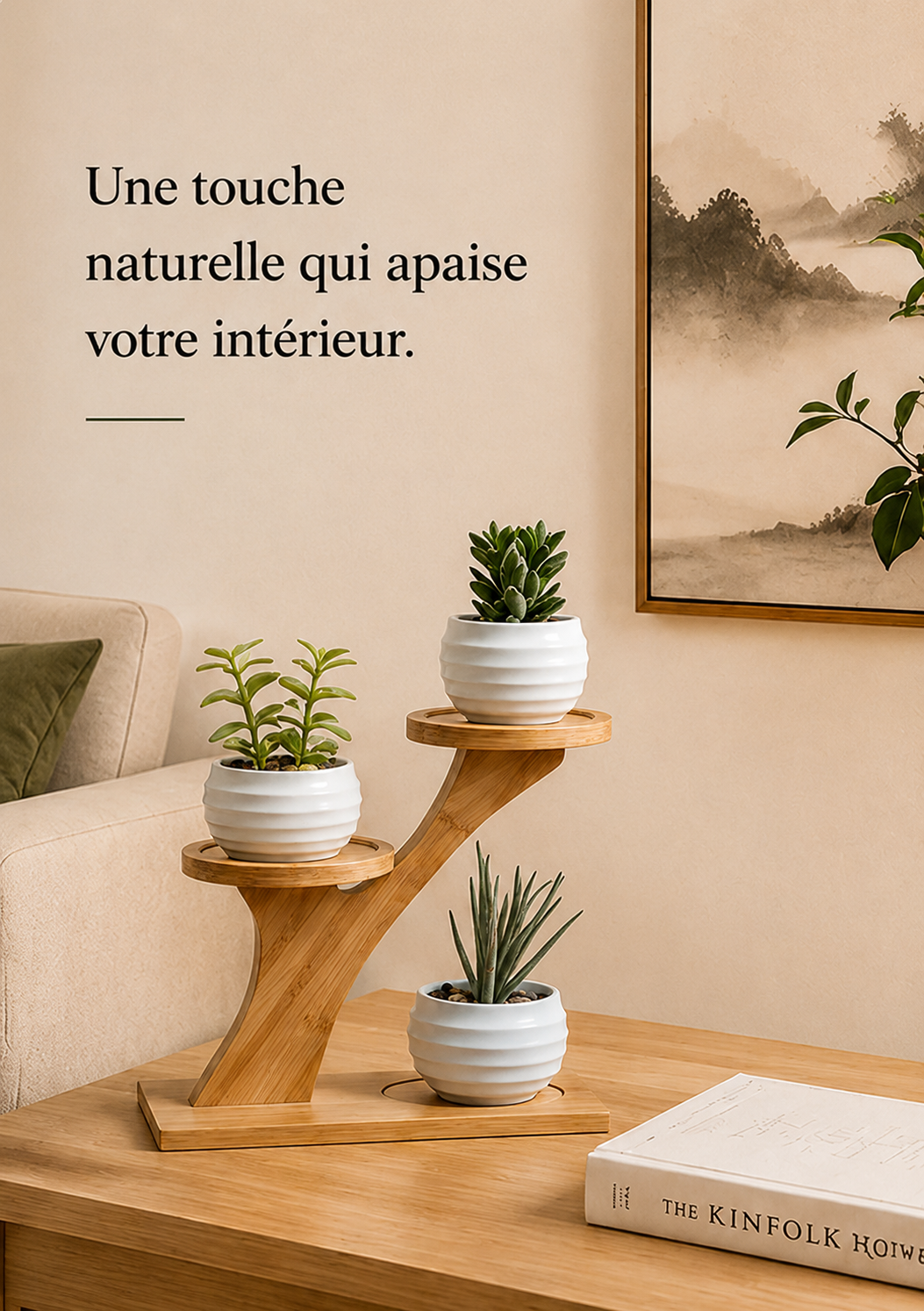 Support à plantes Komorebi en bambou avec trois mini plantes en pot, présentoir décoratif zen pour salon au style Japandi.