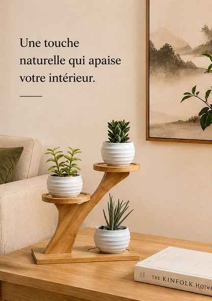 Support à plantes Komorebi en bambou avec trois mini plantes en pot, présentoir décoratif zen pour salon au style Japandi.
