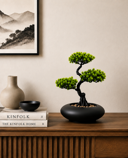 Bonsaï artificiel Katsuro Mavoryu sur meuble en bois avec décoration Japandi et livres Kinfolk