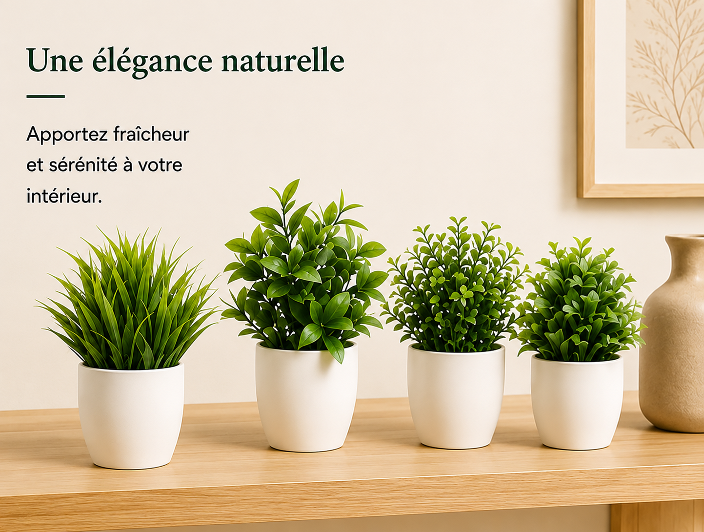 Mini plantes artificielles Kiyomi en pots blancs sur une étagère en bois, décoration naturelle sans entretien.