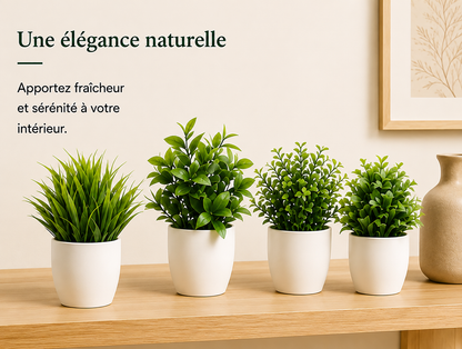 Mini plantes artificielles Kiyomi en pots blancs sur une étagère en bois, décoration naturelle sans entretien.
