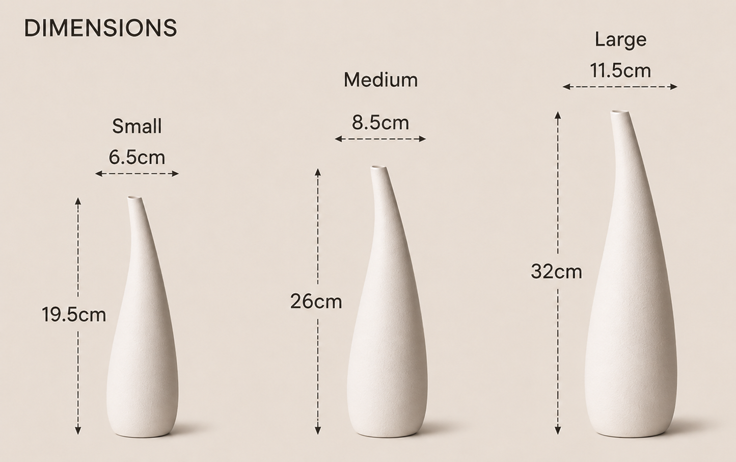 Dimensions du vase Hikari en céramique blanche – tailles Small, Medium et Large.