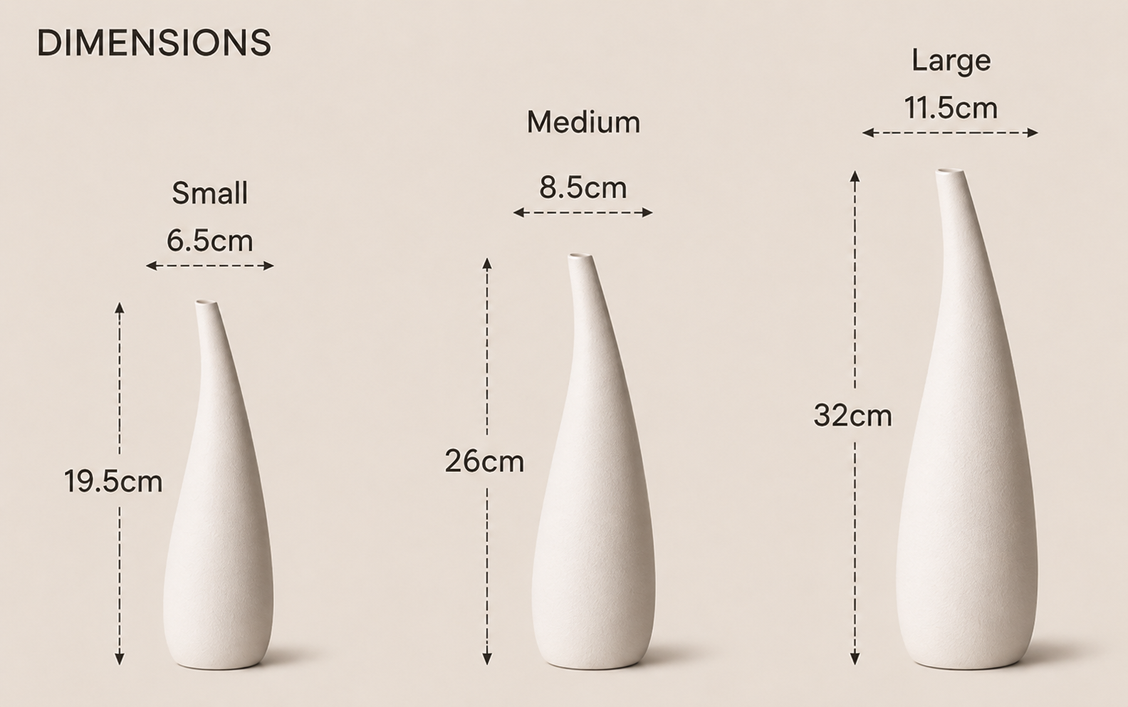 Dimensions du vase Hikari en céramique blanche – tailles Small, Medium et Large.