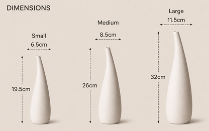 Dimensions du vase Hikari en céramique blanche – tailles Small, Medium et Large.
