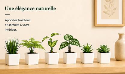 Lot de 6 mini plantes artificielles Sakura en pots blancs, décoration végétale élégante pour salon, bureau ou chambre.