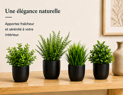 Lot de 4 mini plantes artificielles Haruki en pots noirs, décoration végétale élégante pour intérieur moderne et zen.