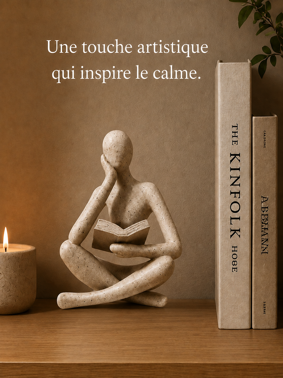 Sculpture abstraite Kokoro en résine effet pierre représentant un lecteur, décoration zen et minimaliste pour salon ou bibliothèque.