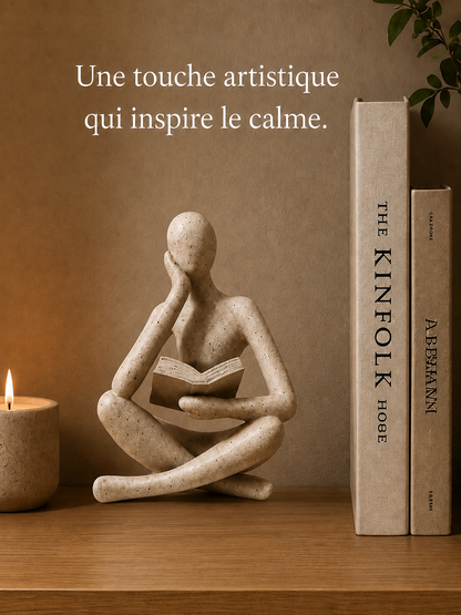 Sculpture abstraite Kokoro en résine effet pierre représentant un lecteur, décoration zen et minimaliste pour salon ou bibliothèque.