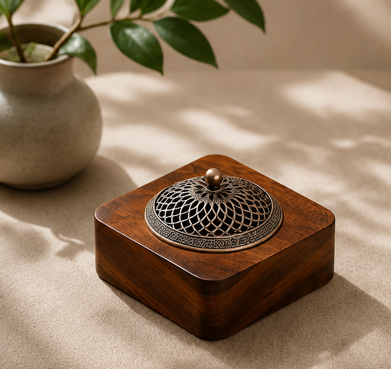 Brûleur d'encens Shizen Mavoryu en bois massif avec couvercle en métal dans une décoration zen minimaliste