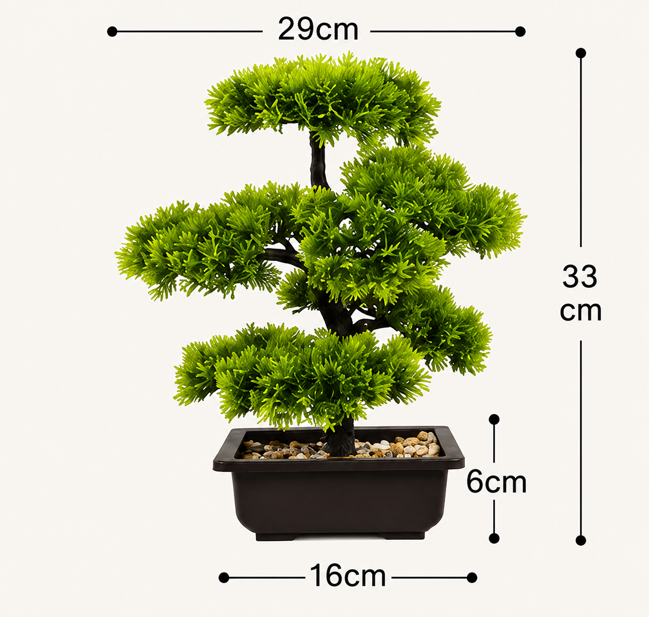 Dimensions du bonsaï artificiel Daichi : 33 cm de hauteur, 29 cm de largeur et pot de 16 cm.