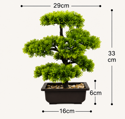 Dimensions du bonsaï artificiel Daichi : 33 cm de hauteur, 29 cm de largeur et pot de 16 cm.