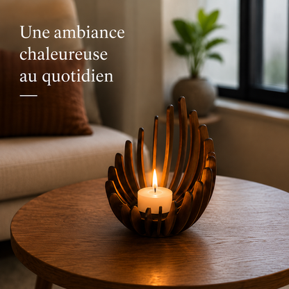 Photophore Akari en bois naturel avec bougie chauffe-plat dans un salon zen à l'ambiance chaleureuse