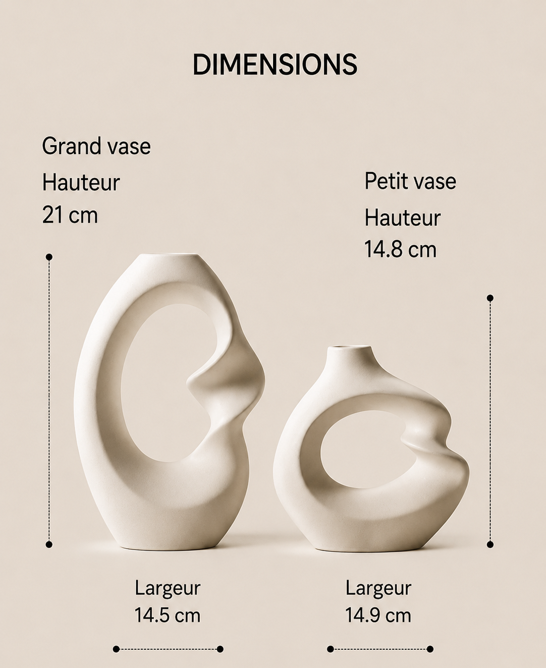 Dimensions des vases décoratifs Nagomi en céramique blanche : grand vase 21 cm et petit vase 14,8 cm.