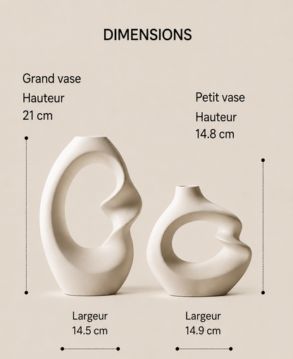 Dimensions des vases décoratifs Nagomi en céramique blanche : grand vase 21 cm et petit vase 14,8 cm.
