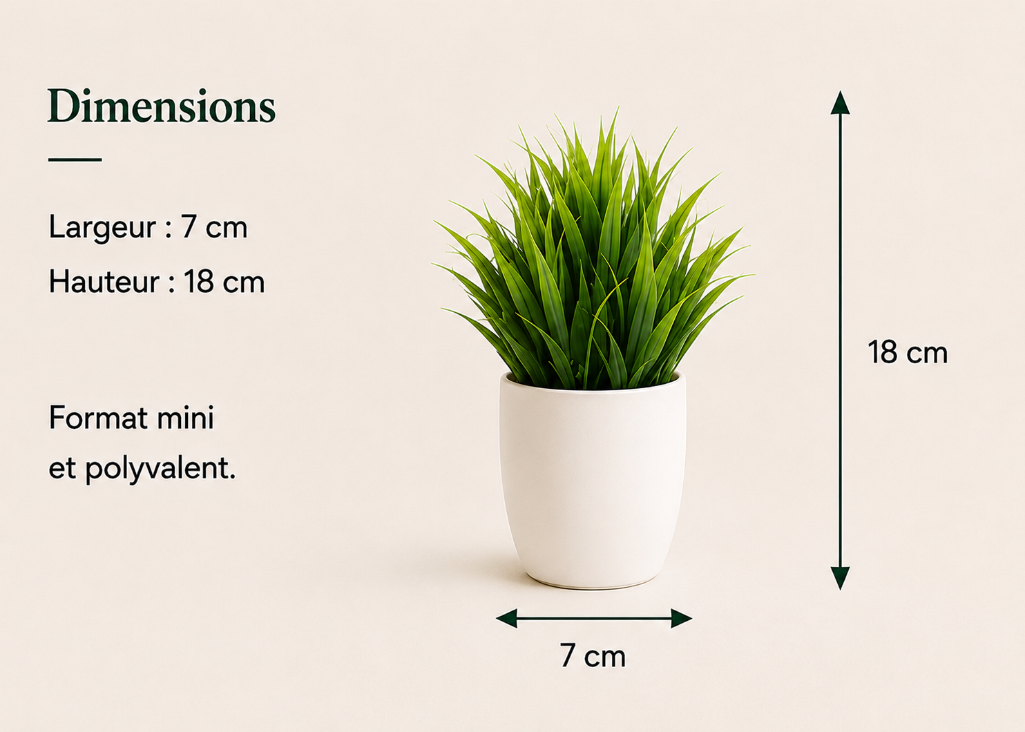 Dimensions d'une mini plante artificielle Kiyomi en pot blanc : 18 cm de hauteur et 7 cm de largeur.