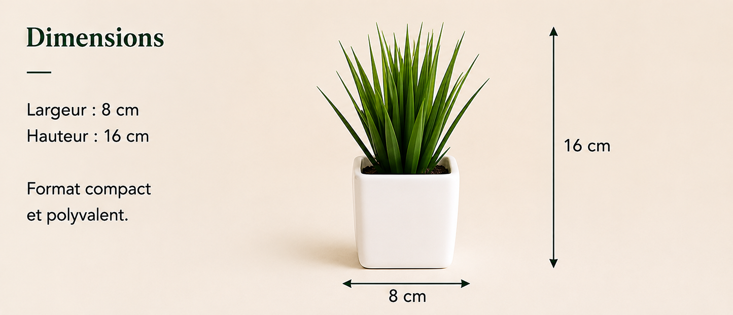 Dimensions d'une mini plante artificielle Sakura en pot blanc : 16 cm de hauteur et 8 cm de largeur.