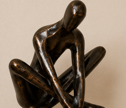 Gros plan de la sculpture Kizuna en résine noir brillant avec finition lisse et design abstrait contemporain.