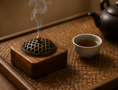 Brûleur d'encens Kōrin Mavoryu en bois massif diffusant la fumée d'encens avec tasse de thé japonaise