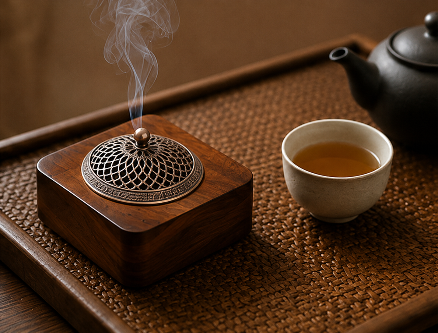 Brûleur d'encens Shizen Mavoryu en bois massif avec fumée et service à thé dans une ambiance zen japonaise