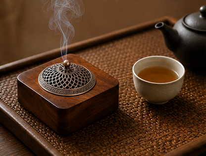 Brûleur d'encens Shizen Mavoryu en bois massif avec fumée et service à thé dans une ambiance zen japonaise