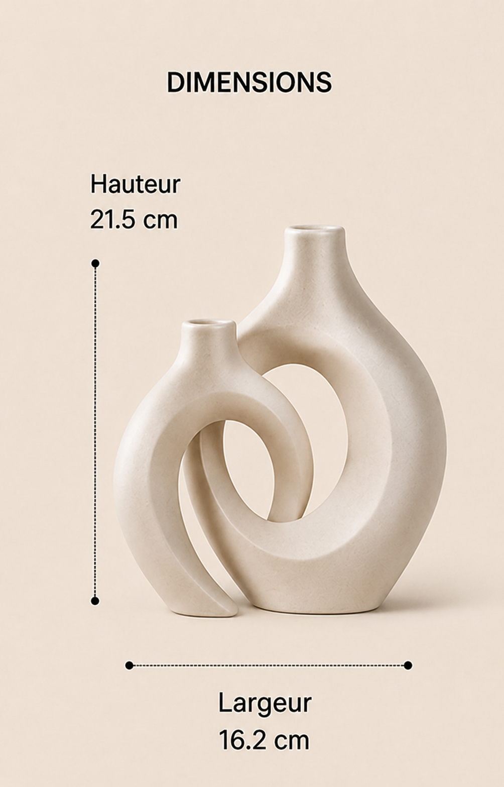 Dimensions du vase décoratif Ensō en céramique beige, hauteur 21,5 cm et largeur 16,2 cm.