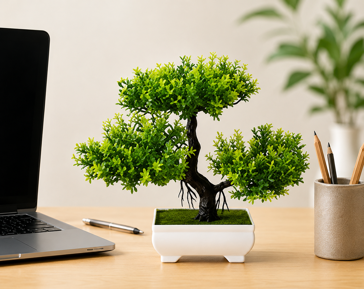 Bonsaï artificiel Akira sur un bureau moderne, plante décorative zen sans entretien pour le bureau ou le télétravail